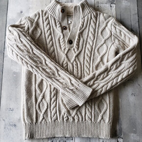 Gap Cream Boys 3 Button Cable Knit Sweater With Sherpa Collar - Picture 1 of 6